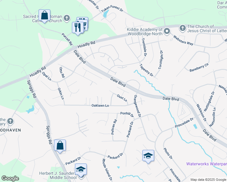 map of restaurants, bars, coffee shops, grocery stores, and more near 6114 Oust Lane in Woodbridge