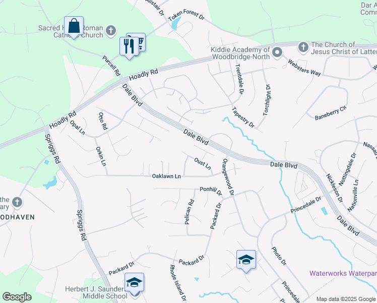 map of restaurants, bars, coffee shops, grocery stores, and more near 6114 Oust Lane in Woodbridge