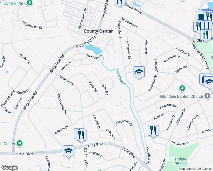 map of restaurants, bars, coffee shops, grocery stores, and more near 4793 Kelly Road in Woodbridge