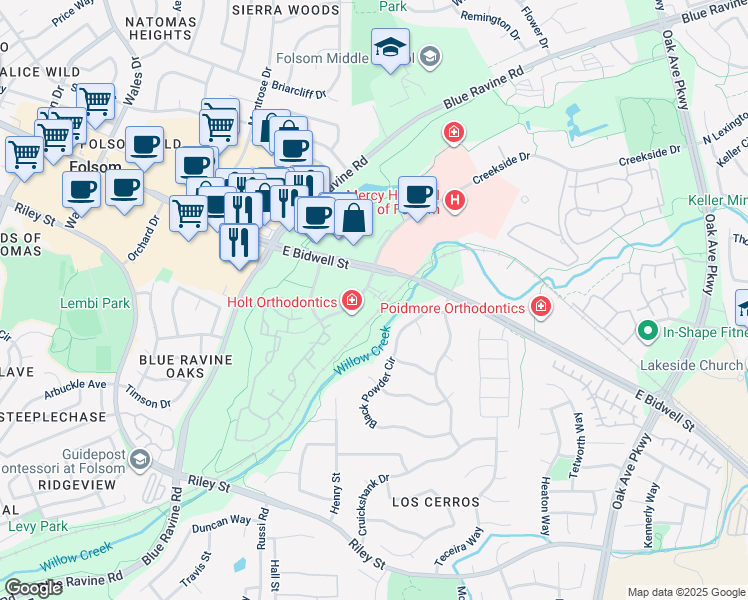 map of restaurants, bars, coffee shops, grocery stores, and more near 1574 Creekside Drive in Folsom