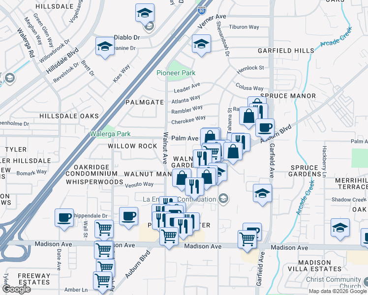 map of restaurants, bars, coffee shops, grocery stores, and more near 5518 Shaver Court in Sacramento