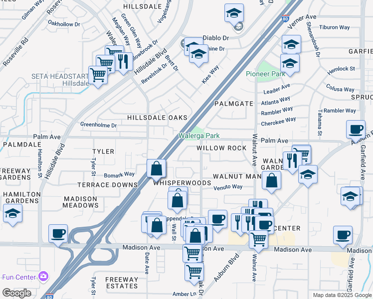 map of restaurants, bars, coffee shops, grocery stores, and more near 5505 Bobbie Jo Court in Sacramento