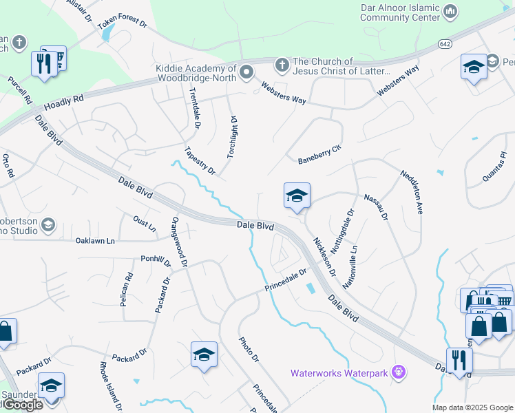 map of restaurants, bars, coffee shops, grocery stores, and more near 13206 Nixon Lane in Woodbridge
