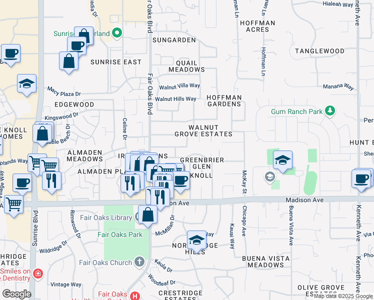map of restaurants, bars, coffee shops, grocery stores, and more near 8168 Deseret Avenue in Fair Oaks