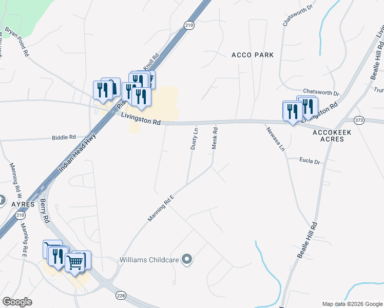 map of restaurants, bars, coffee shops, grocery stores, and more near 15928 Dusty Lane in Accokeek