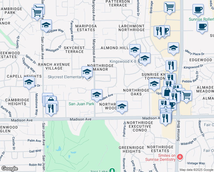 map of restaurants, bars, coffee shops, grocery stores, and more near 7746 Eastgate Avenue in Citrus Heights