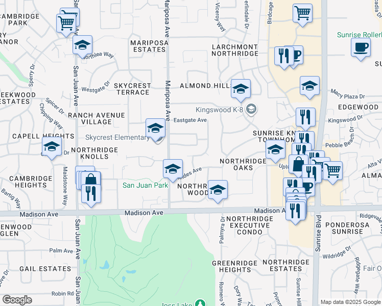 map of restaurants, bars, coffee shops, grocery stores, and more near 7746 Eastgate Avenue in Citrus Heights