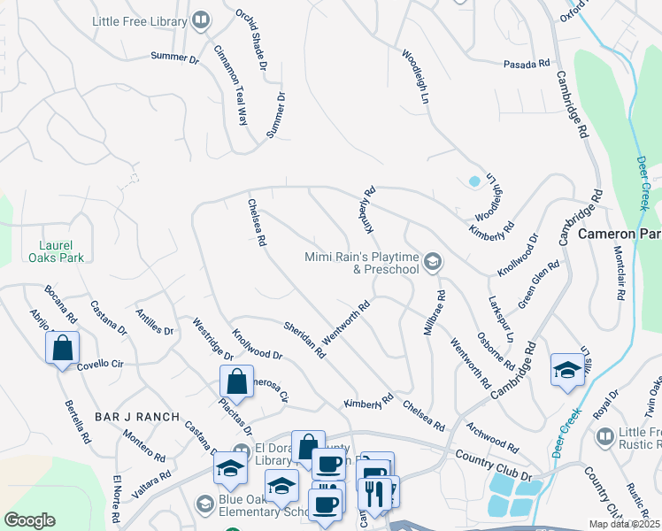map of restaurants, bars, coffee shops, grocery stores, and more near 3098 Oakwood Road in Cameron Park