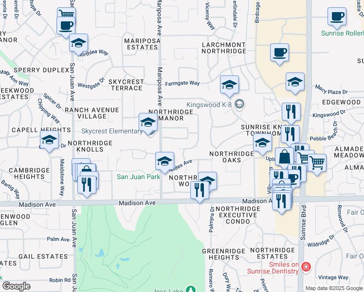 map of restaurants, bars, coffee shops, grocery stores, and more near 7746 Eastgate Avenue in Citrus Heights