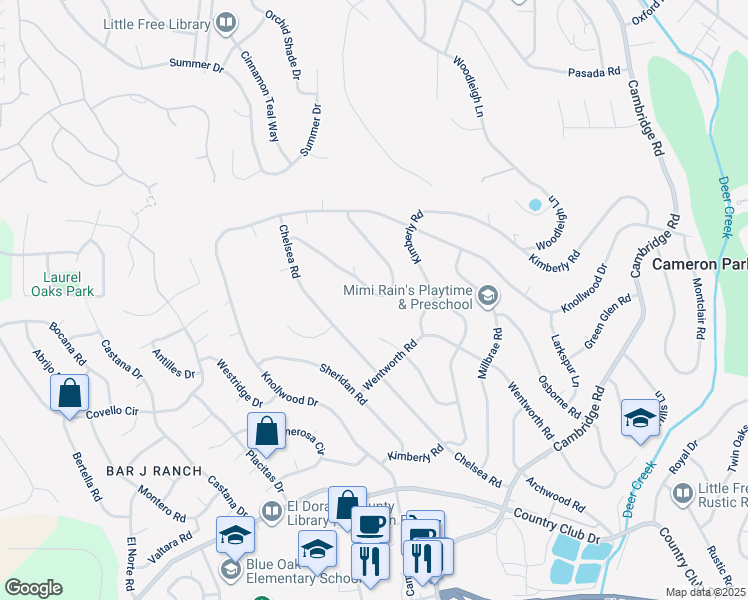 map of restaurants, bars, coffee shops, grocery stores, and more near 3098 Oakwood Road in Cameron Park