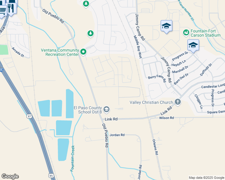 map of restaurants, bars, coffee shops, grocery stores, and more near 1201 Rmb Court in Fountain