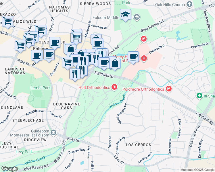 map of restaurants, bars, coffee shops, grocery stores, and more near 1203 Creekside Drive in Folsom
