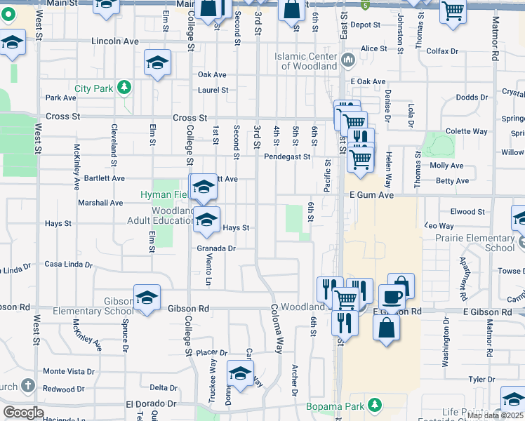 map of restaurants, bars, coffee shops, grocery stores, and more near 1044 4th Street in Woodland