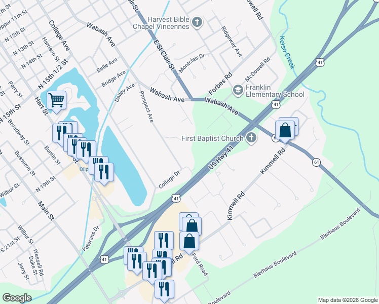 map of restaurants, bars, coffee shops, grocery stores, and more near 2024 Prospect Avenue in Vincennes
