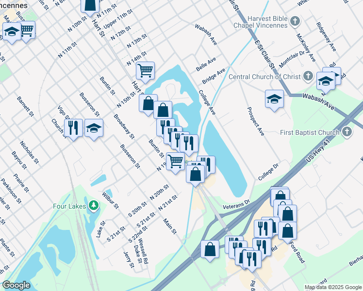 map of restaurants, bars, coffee shops, grocery stores, and more near 1902 Hart Street in Vincennes