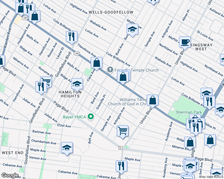 map of restaurants, bars, coffee shops, grocery stores, and more near 1452 Belt Avenue in St. Louis