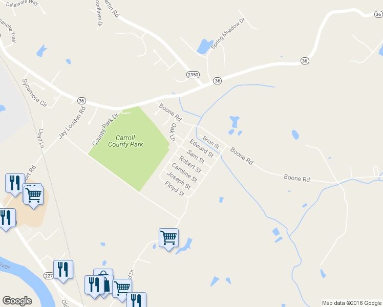 map of restaurants, bars, coffee shops, grocery stores, and more near Sam Street in Carrollton