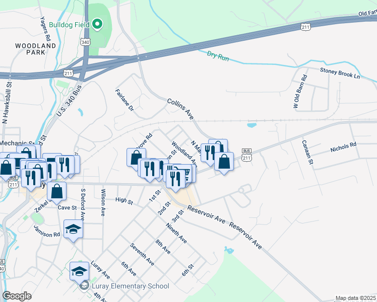 map of restaurants, bars, coffee shops, grocery stores, and more near 30 Woodland Avenue in Luray