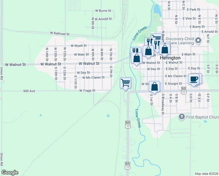 map of restaurants, bars, coffee shops, grocery stores, and more near 224-398 South 7th Street in Herington