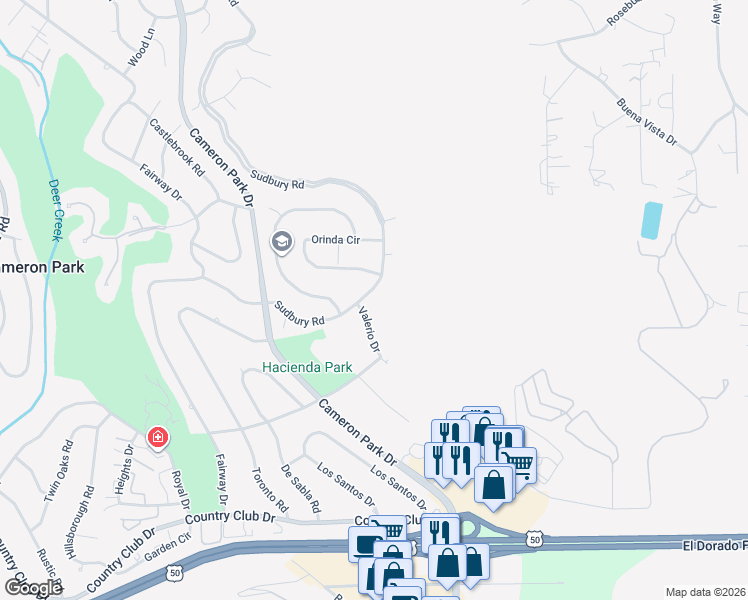 map of restaurants, bars, coffee shops, grocery stores, and more near 3711 Valerio Drive in Cameron Park