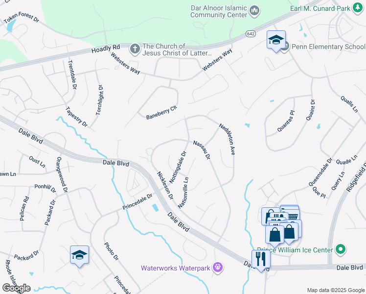 map of restaurants, bars, coffee shops, grocery stores, and more near 13202 Nottingdale Drive in Woodbridge