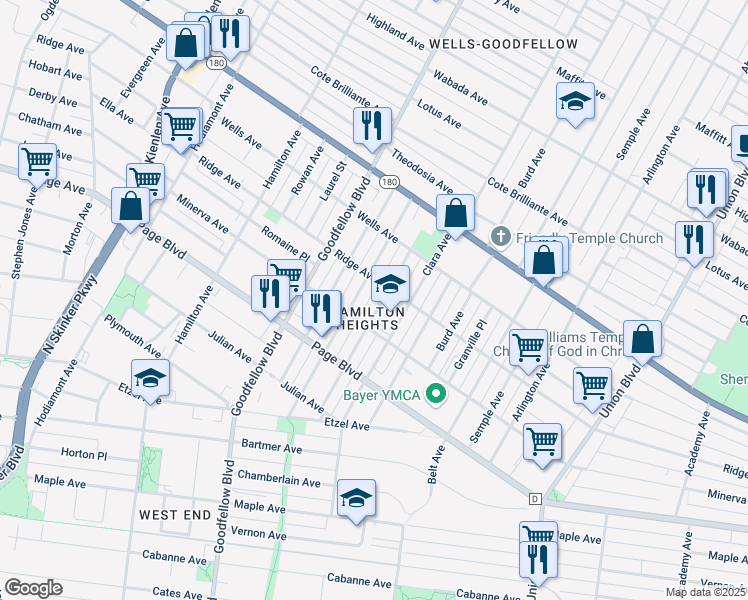 map of restaurants, bars, coffee shops, grocery stores, and more near 1355 Clara Avenue in St. Louis