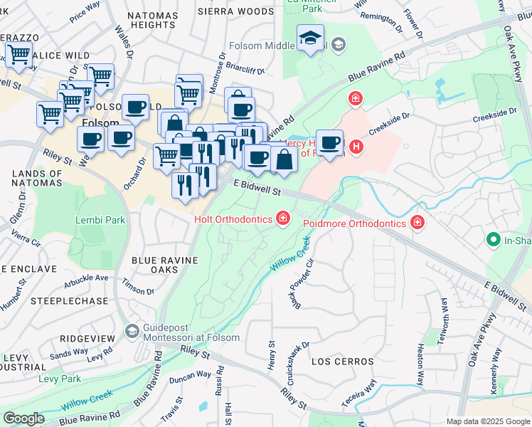 map of restaurants, bars, coffee shops, grocery stores, and more near 780 Harrington Way in Folsom