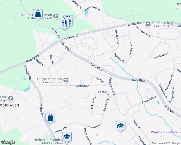 map of restaurants, bars, coffee shops, grocery stores, and more near 6122 Oust Lane in Woodbridge