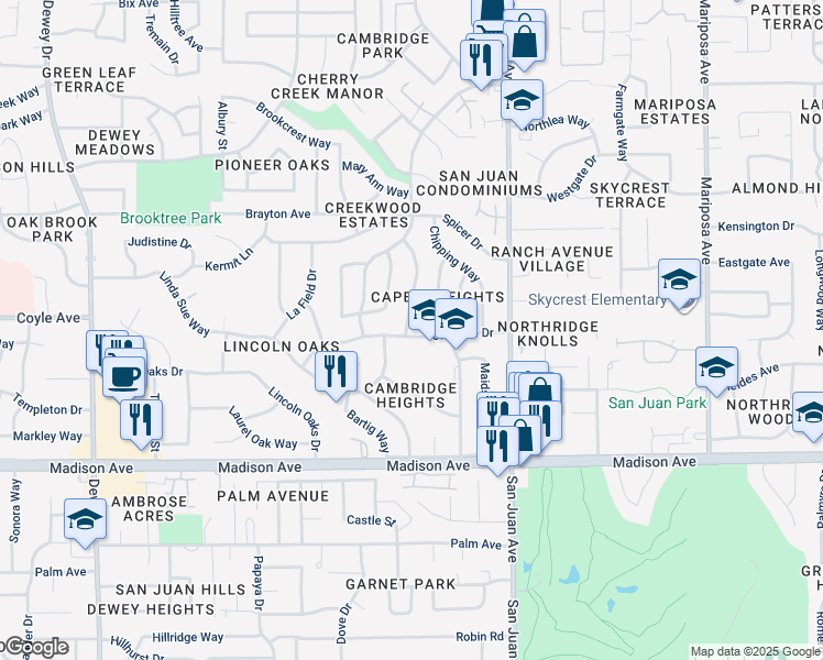 map of restaurants, bars, coffee shops, grocery stores, and more near 7209 Chesline Drive in Citrus Heights