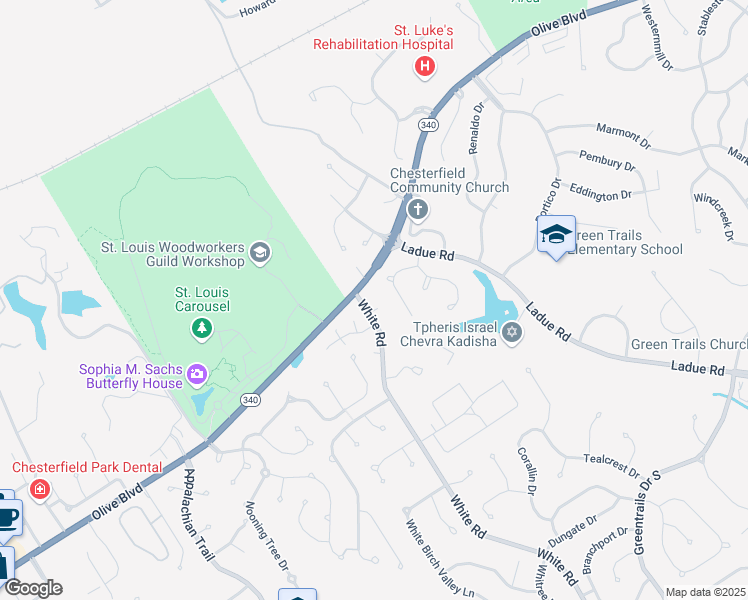 map of restaurants, bars, coffee shops, grocery stores, and more near 14898 Olive Boulevard in Chesterfield