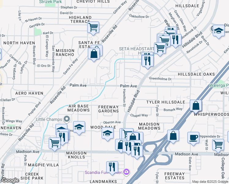 map of restaurants, bars, coffee shops, grocery stores, and more near 4206 Watrous Avenue in Sacramento