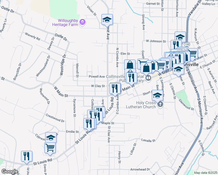 map of restaurants, bars, coffee shops, grocery stores, and more near 815 West Main Street in Collinsville