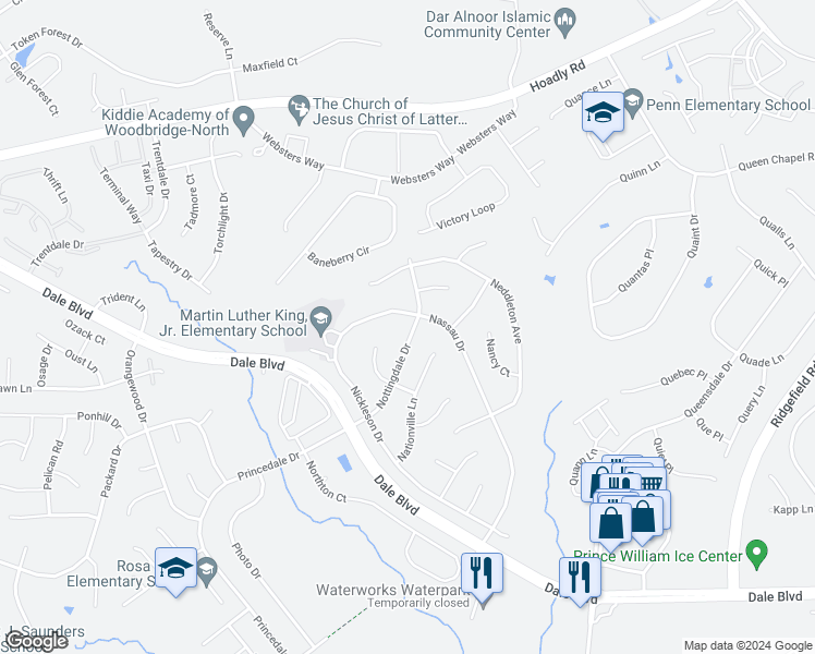 map of restaurants, bars, coffee shops, grocery stores, and more near 13202 Nottingdale Drive in Woodbridge