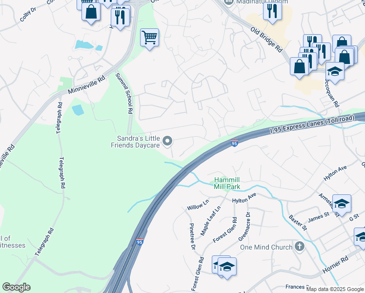map of restaurants, bars, coffee shops, grocery stores, and more near 13170 Habrown Court in Woodbridge