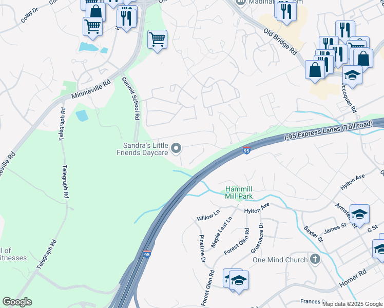 map of restaurants, bars, coffee shops, grocery stores, and more near 13170 Habrown Court in Woodbridge