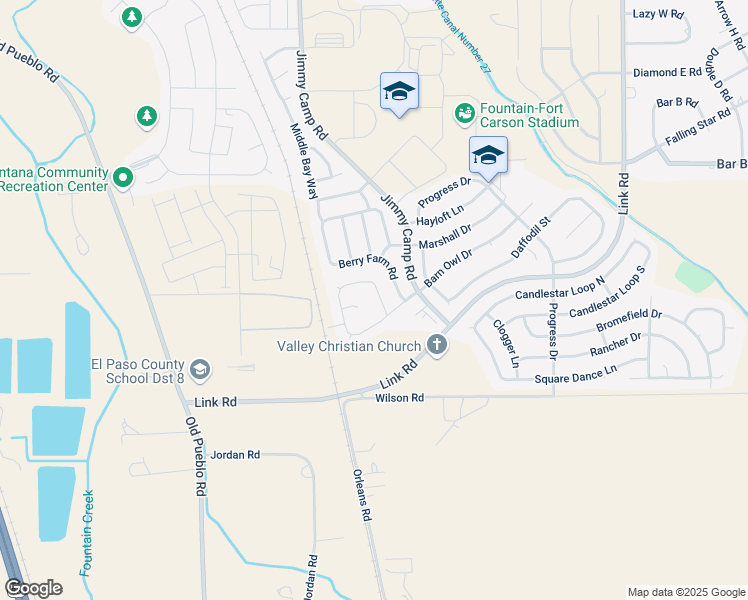 map of restaurants, bars, coffee shops, grocery stores, and more near 7668 Barn Owl Drive in Fountain