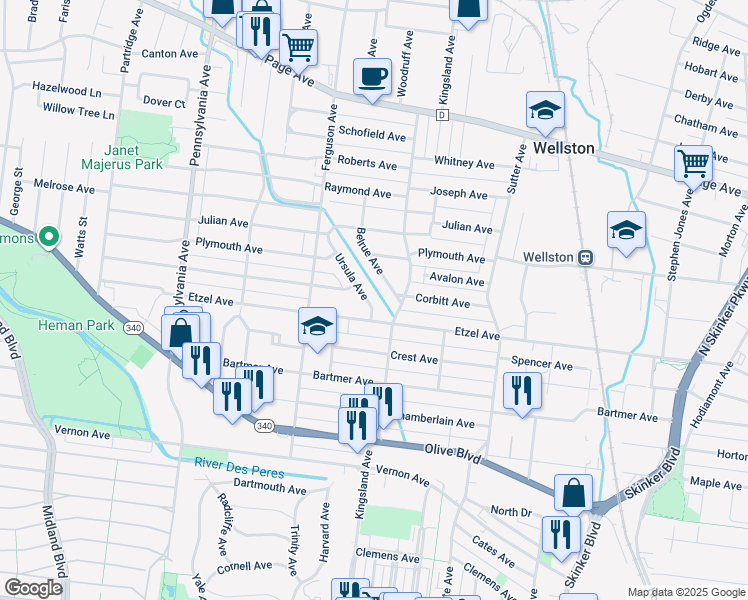 map of restaurants, bars, coffee shops, grocery stores, and more near 1118 Ursula Avenue in University City