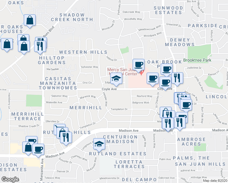map of restaurants, bars, coffee shops, grocery stores, and more near 6330 Coyle Avenue in Carmichael