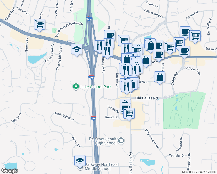 map of restaurants, bars, coffee shops, grocery stores, and more near 622 Emerson Road in Creve Coeur