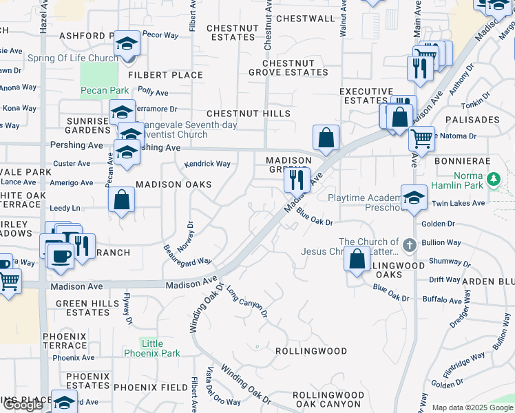 map of restaurants, bars, coffee shops, grocery stores, and more near 9201 Madison Avenue in Orangevale