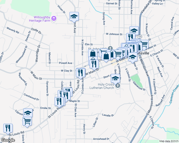 map of restaurants, bars, coffee shops, grocery stores, and more near 621 West Main Street in Collinsville
