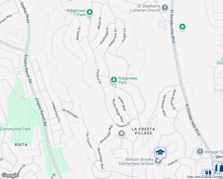 map of restaurants, bars, coffee shops, grocery stores, and more near 3449 Ridgeview Drive in El Dorado Hills