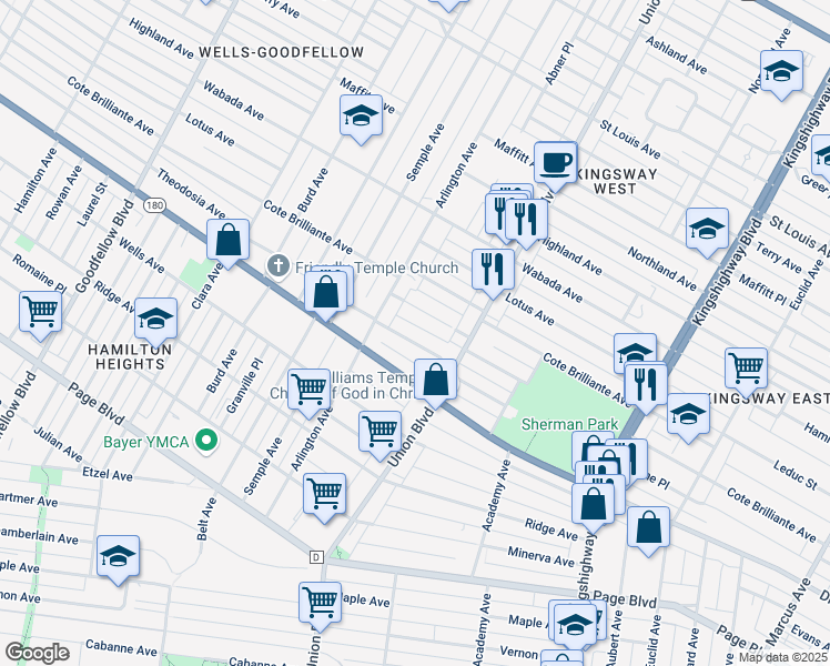 map of restaurants, bars, coffee shops, grocery stores, and more near 5360 Patton Avenue in St. Louis