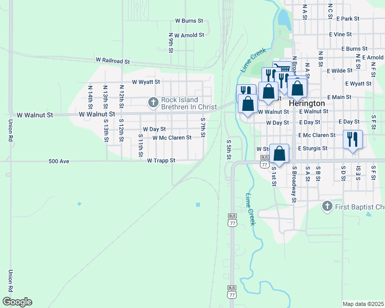 map of restaurants, bars, coffee shops, grocery stores, and more near 205-209 South 8th Street in Herington