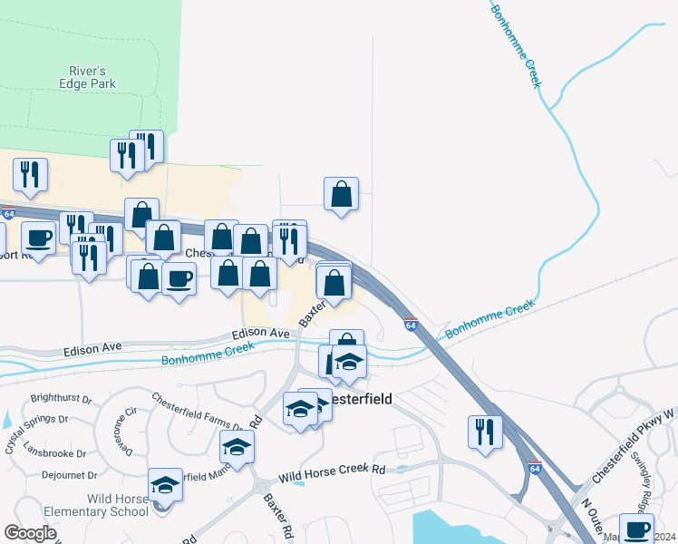 map of restaurants, bars, coffee shops, grocery stores, and more near 16662 Chesterfield Airport Road in Chesterfield