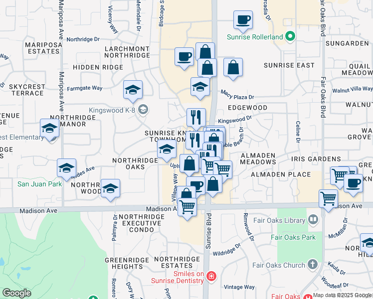 map of restaurants, bars, coffee shops, grocery stores, and more near 5623 Sunrise Boulevard in Citrus Heights