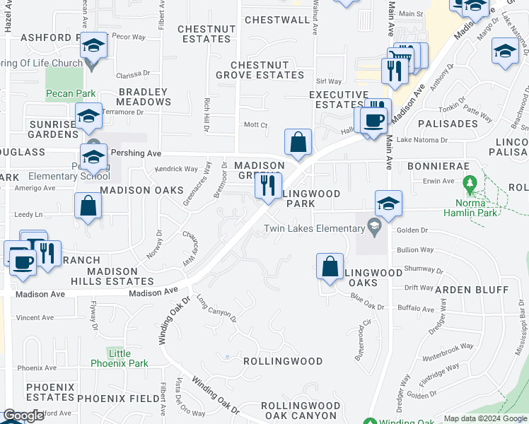 map of restaurants, bars, coffee shops, grocery stores, and more near 9227 Madison Avenue in Orangevale