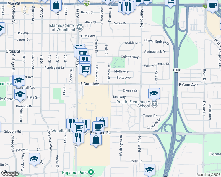 map of restaurants, bars, coffee shops, grocery stores, and more near 820 Thomas Street in Woodland
