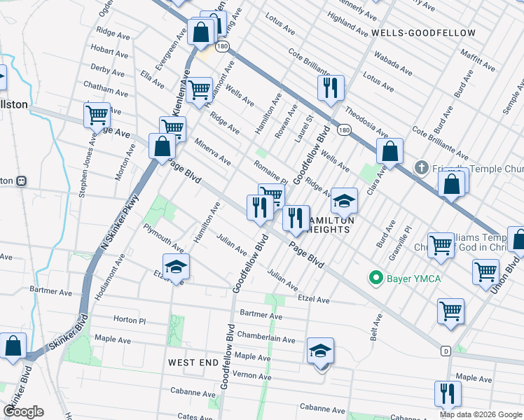 map of restaurants, bars, coffee shops, grocery stores, and more near 1325 Laurel Street in St. Louis