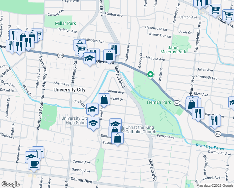map of restaurants, bars, coffee shops, grocery stores, and more near 1110 East Parkedge Lane in University City